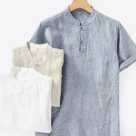 Buttoned Round Neck Short Sleeve Linen Tee - Picture 7 of 10